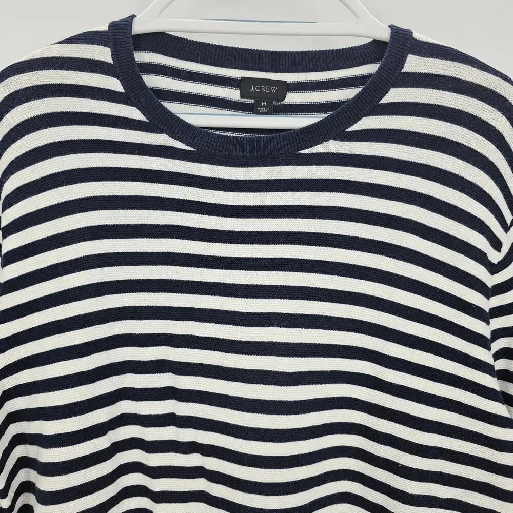 J. Crew Mens size M Cotton Crewneck Knit Sweater Blue/White Stripe AG815 NEW